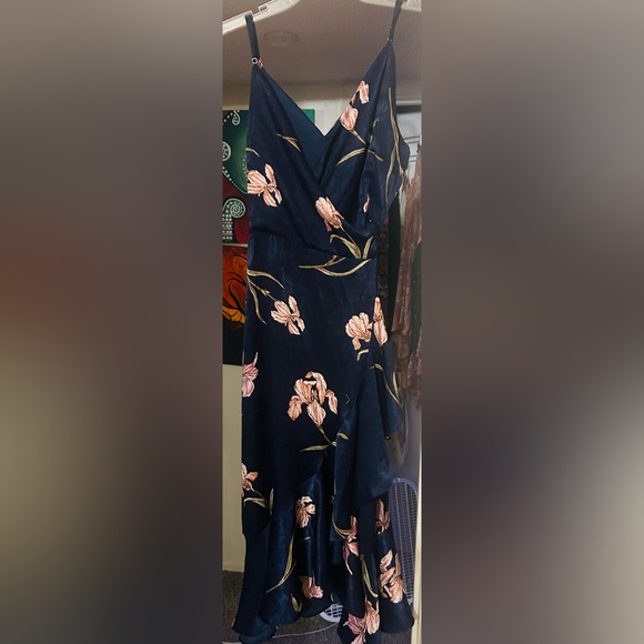 Lumiere Navy Floral Printed Satiny Wrap Dress with Ruffle Detail - Picture 9 of 9